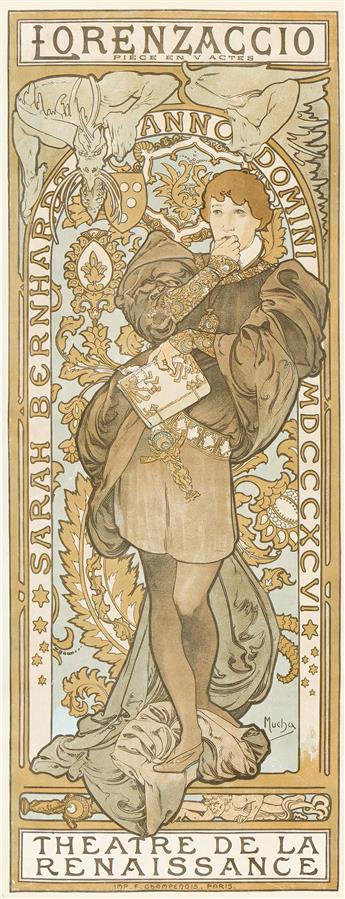 ALPHONSE MUCHA (1860-1939). LORENZACCIO. 1896. 38¼x14¾ inches, 97x37½ cm. F. Champenois, Paris.                                                  